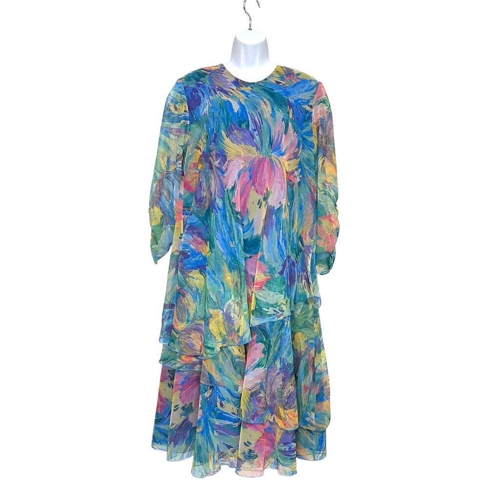Siasia New York Abstract Tiered Midi Dress Vintage Sz 12 Multicolor Fluid 80s